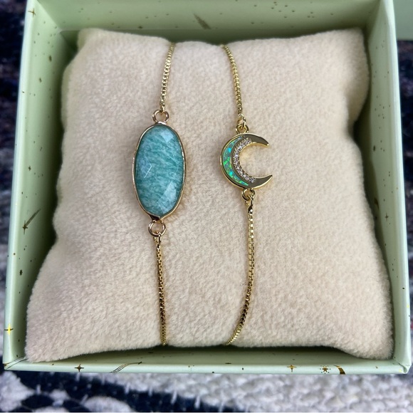 Armcandy Gold Tone Brass Moon Amazonite Bracelet Set of 2 in Box - Picture 2 of 10